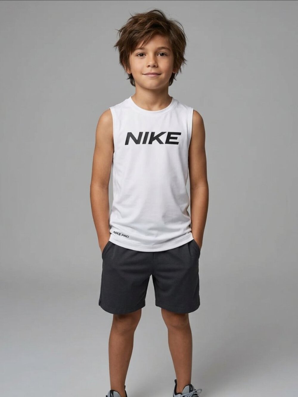 Nike White Sleeveless Training Tank with Black Logo kids size S.unisex youth ath